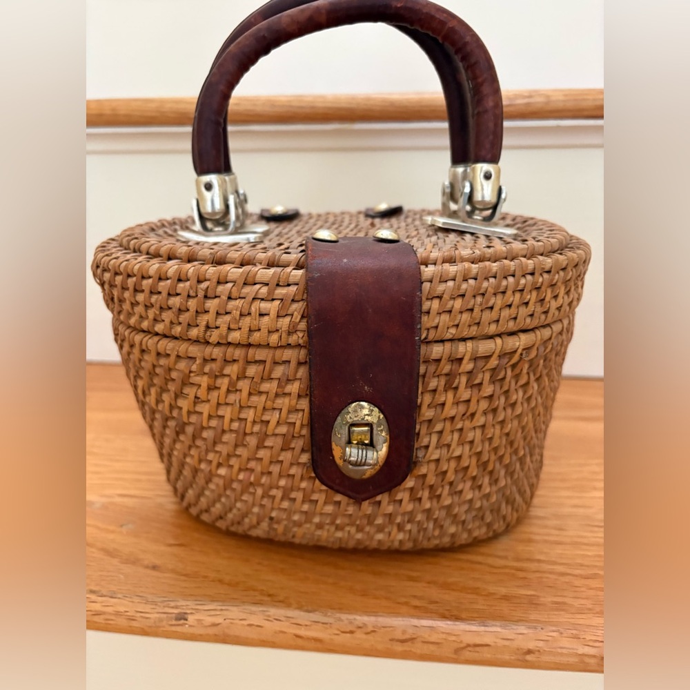 Woven Rattan Mini Basket Bag with Brown Leather Trim